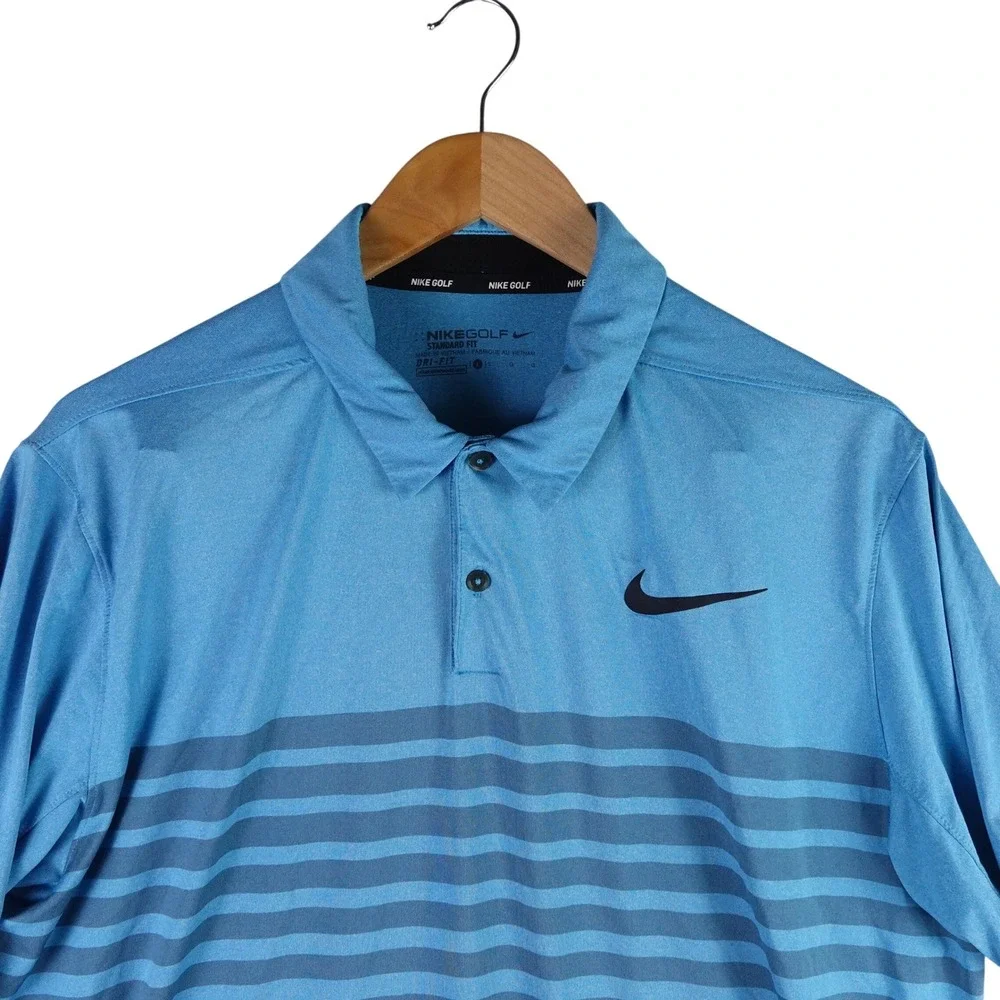 Nike Golf Men Blue Striped Dri-FIT Standard Fit Polo Shirt Large 6306